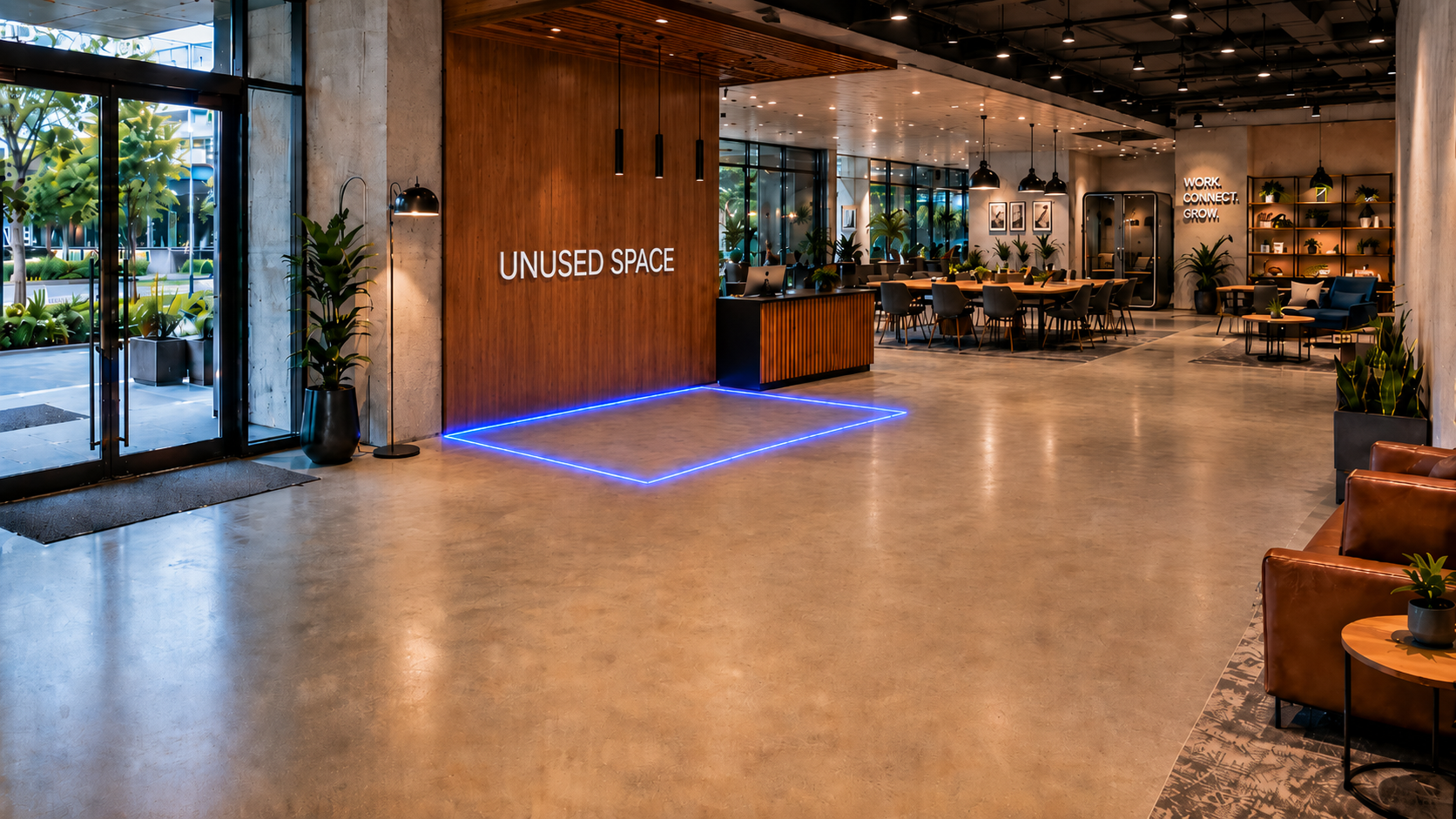 A coworking lobby with an empty floor zone labelled UNUSED SPACE on the wooden feature wall, surrounded by plants and lounge seating